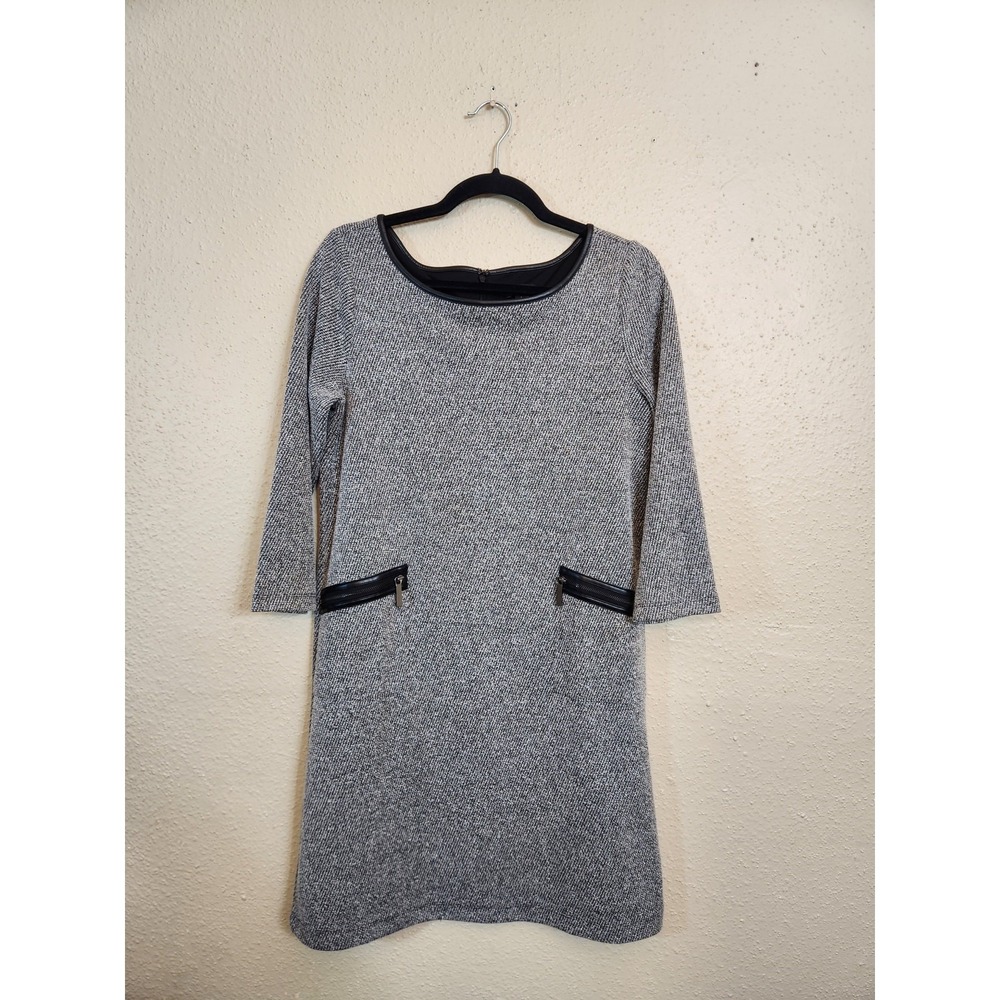Ann Taylor Womens S Grey Shift‎ Dress Faux Leather Trim 3/4 Sleeve Textured Knit